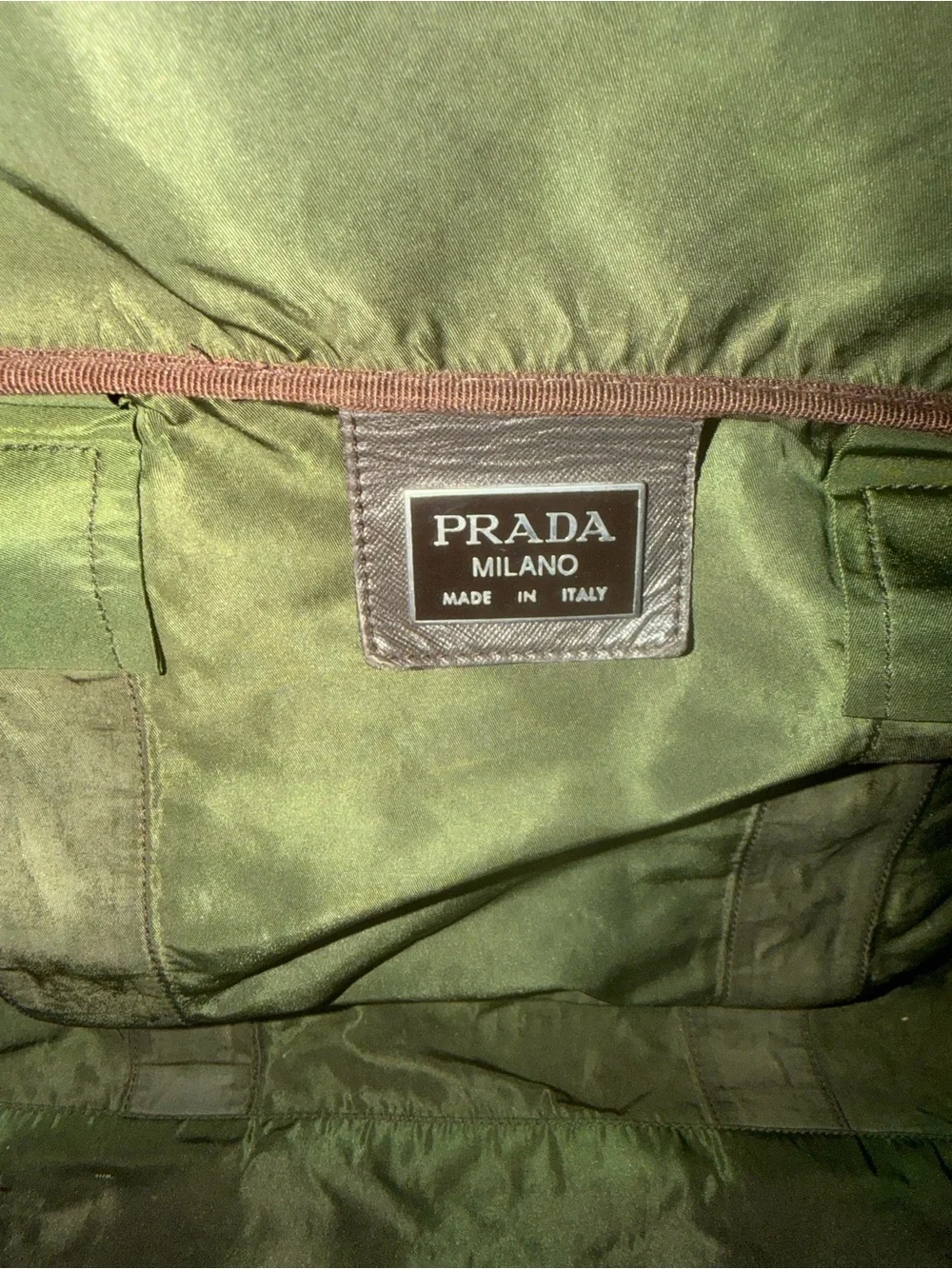 Prada Dark Olive Nylon Duffel Bag with Black Straps. Versatile Travel Piece!